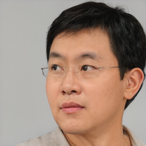 Neutral asian young-adult male with short  brown hair and brown eyes