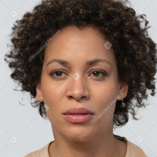 Neutral black young-adult female with medium  brown hair and brown eyes