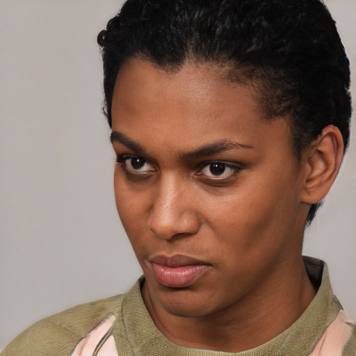 Neutral black young-adult female with short  black hair and brown eyes