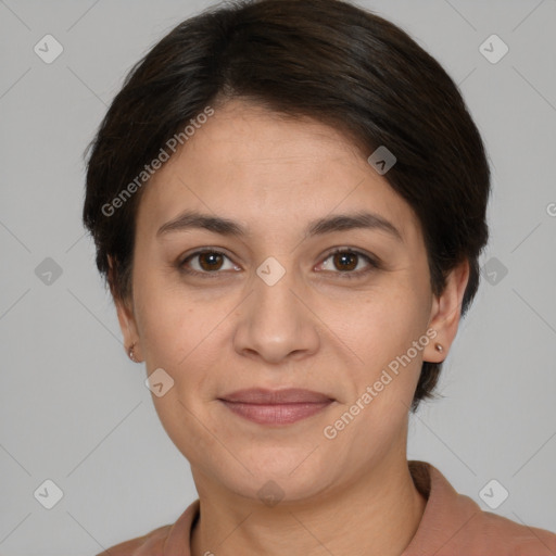 Joyful white young-adult female with medium  brown hair and brown eyes