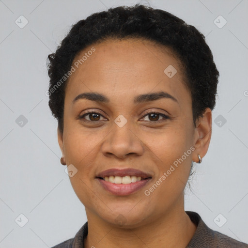 Joyful latino young-adult female with short  black hair and brown eyes