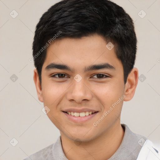 Joyful latino young-adult male with short  black hair and brown eyes