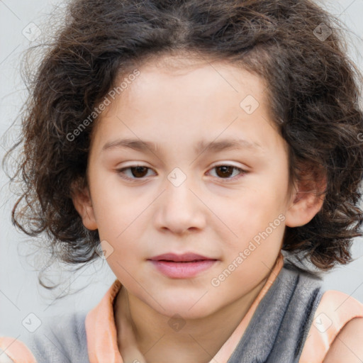 Joyful white child female with medium  brown hair and brown eyes