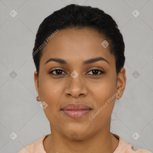 Joyful latino young-adult female with short  black hair and brown eyes