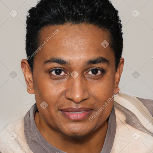 Joyful black young-adult male with short  black hair and brown eyes