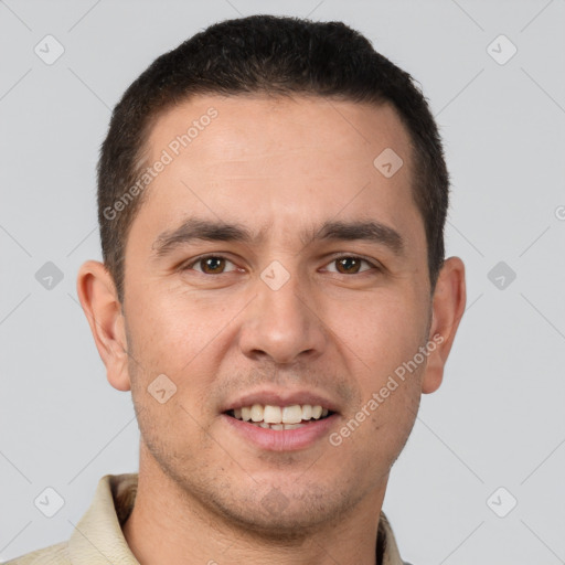 Joyful white young-adult male with short  brown hair and brown eyes