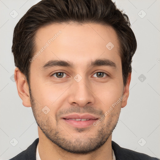 Joyful white young-adult male with short  brown hair and brown eyes