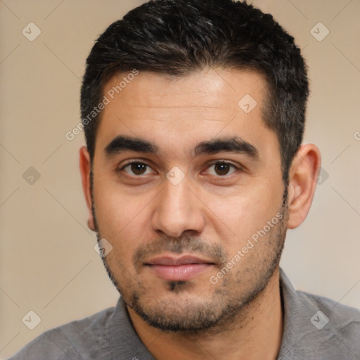 Neutral white young-adult male with short  black hair and brown eyes