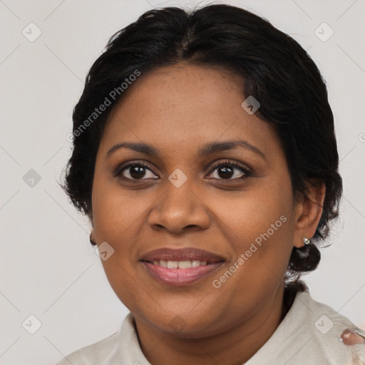 Joyful black young-adult female with medium  brown hair and brown eyes