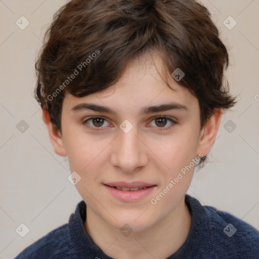 Joyful white child female with medium  brown hair and brown eyes