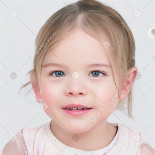 Joyful white child female with medium  brown hair and blue eyes