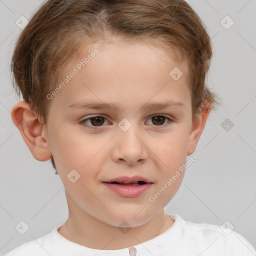 Joyful white child female with short  brown hair and brown eyes