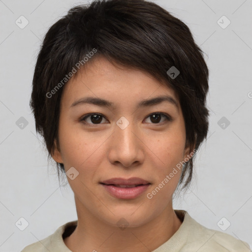 Joyful asian young-adult female with medium  brown hair and brown eyes