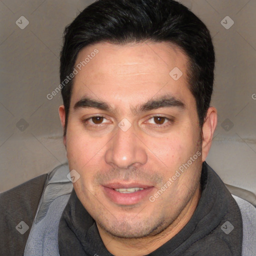 Joyful white young-adult male with short  black hair and brown eyes