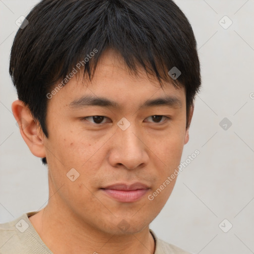 Neutral asian young-adult male with short  brown hair and brown eyes