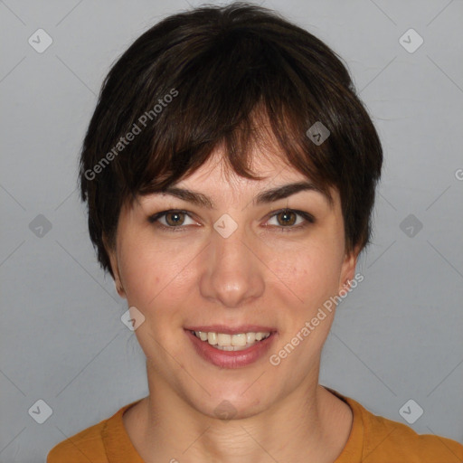 Joyful white young-adult female with medium  brown hair and brown eyes