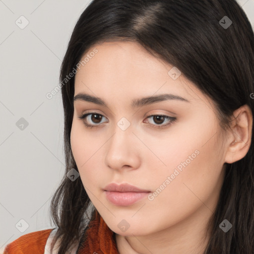 Neutral white young-adult female with long  brown hair and brown eyes