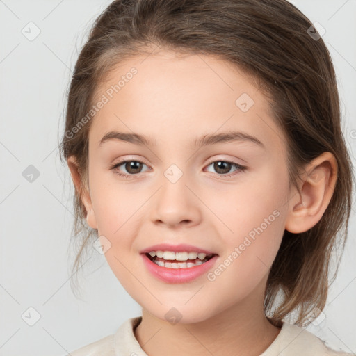 Joyful white child female with medium  brown hair and brown eyes