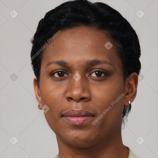 Neutral black young-adult female with short  black hair and brown eyes