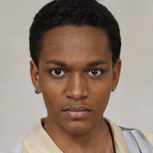 Neutral black young-adult male with short  black hair and brown eyes