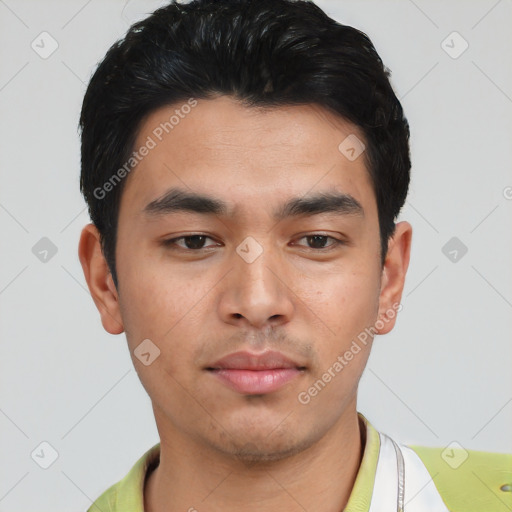 Neutral asian young-adult male with short  black hair and brown eyes