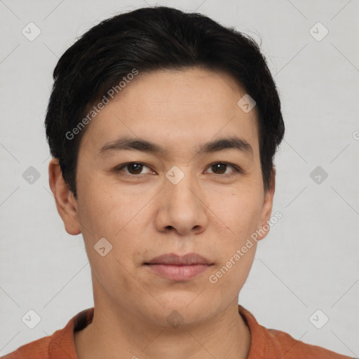 Neutral asian young-adult male with short  black hair and brown eyes