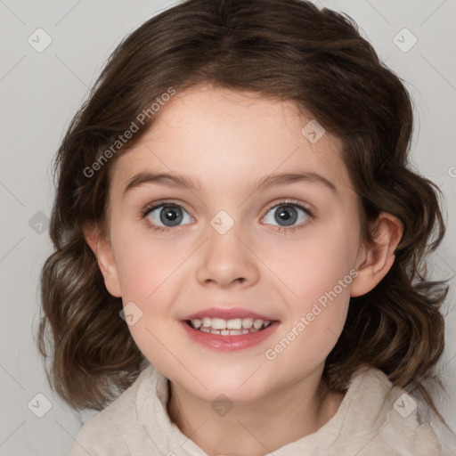 Joyful white child female with medium  brown hair and brown eyes