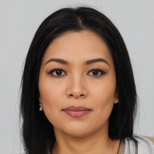 Neutral asian young-adult female with medium  black hair and brown eyes