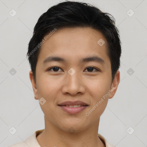 Joyful asian young-adult male with short  brown hair and brown eyes