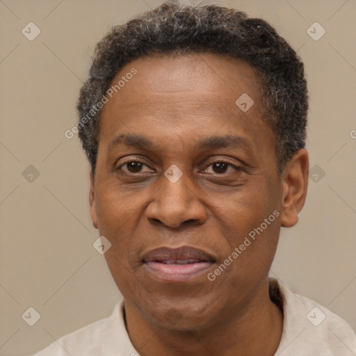 Joyful black adult male with short  brown hair and brown eyes