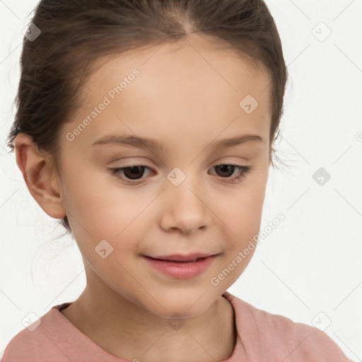 Joyful white child female with short  brown hair and brown eyes