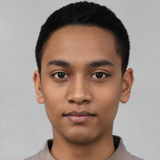 Neutral latino young-adult male with short  black hair and brown eyes