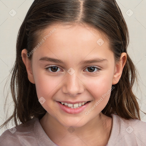 Joyful white child female with medium  brown hair and brown eyes