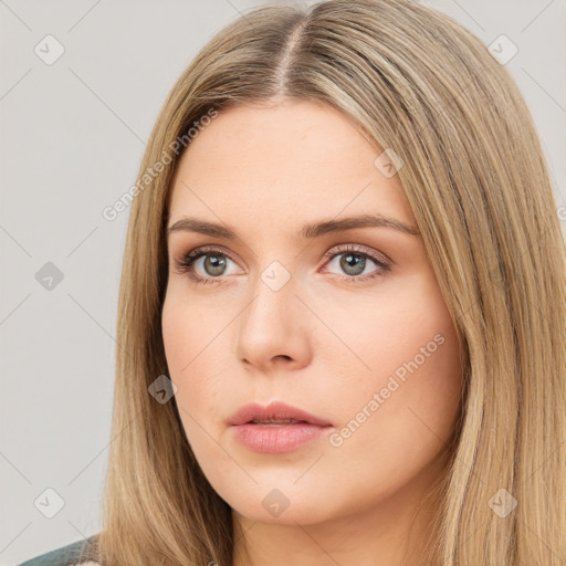 Neutral white young-adult female with long  brown hair and brown eyes