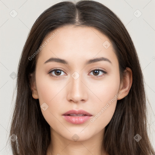 Neutral white young-adult female with long  brown hair and brown eyes