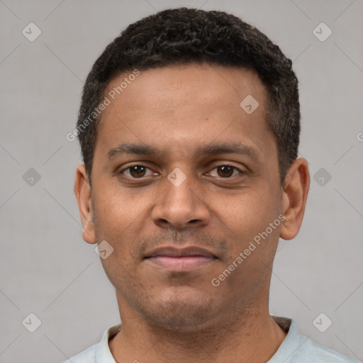 Neutral latino young-adult male with short  brown hair and brown eyes