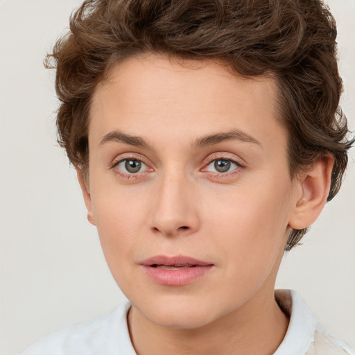 Neutral white young-adult female with short  brown hair and brown eyes