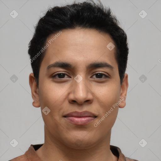 Joyful latino young-adult male with short  black hair and brown eyes