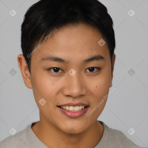 Joyful asian young-adult female with short  brown hair and brown eyes