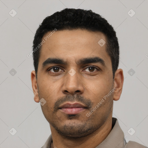 Neutral latino young-adult male with short  black hair and brown eyes