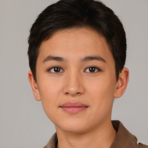 Neutral white young-adult female with short  brown hair and brown eyes