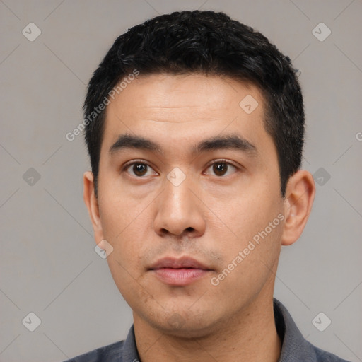 Neutral asian young-adult male with short  black hair and brown eyes