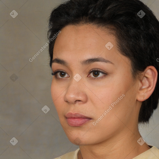 Neutral white young-adult female with short  brown hair and brown eyes