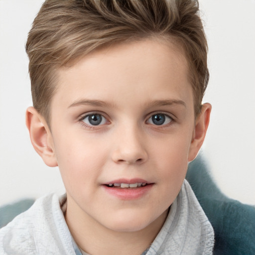 Joyful white child female with short  brown hair and blue eyes