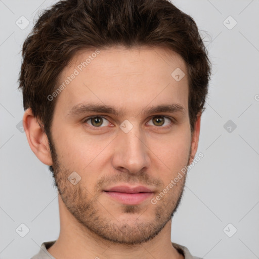 Neutral white young-adult male with short  brown hair and grey eyes