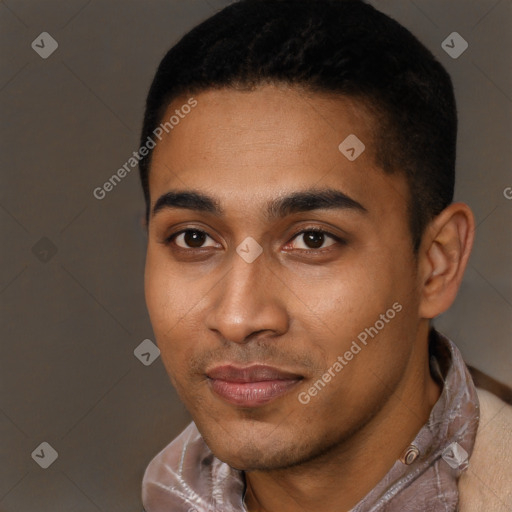 Joyful black young-adult male with short  black hair and brown eyes