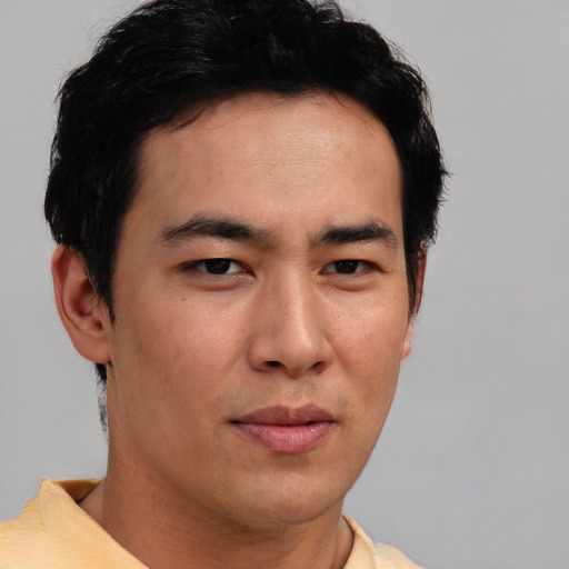 Neutral asian young-adult male with short  brown hair and brown eyes