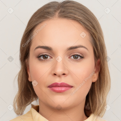 Neutral white young-adult female with medium  brown hair and brown eyes