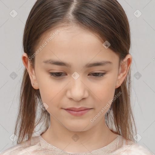 Joyful white child female with medium  brown hair and brown eyes