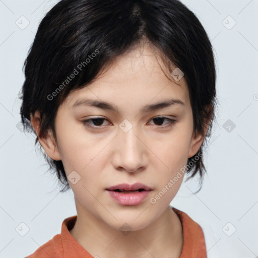 Neutral asian young-adult female with medium  brown hair and brown eyes